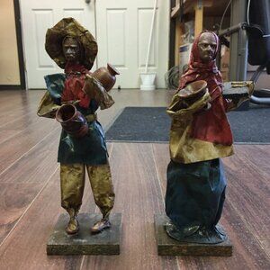 Man and Woman at Work Paper Mache Figures with Clay Face